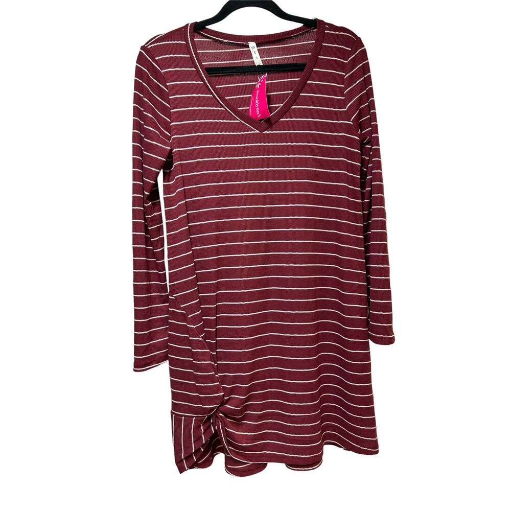 Brooklynn's Long‎ Sleeve Striped Twist Hem shirt Dress Burgundy Women's Size M